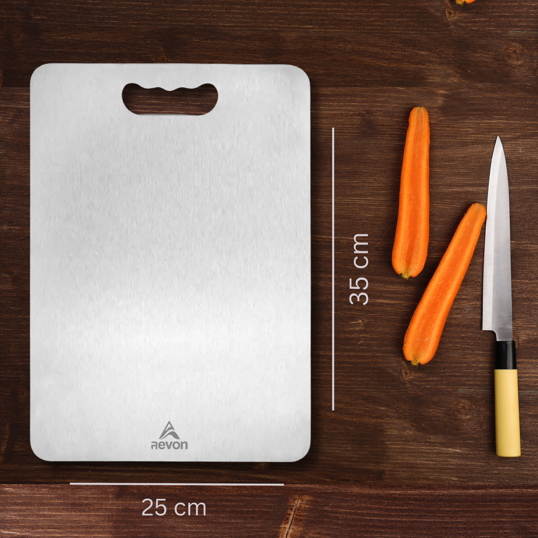 Revon stainless steel chopping board in kitchen setting